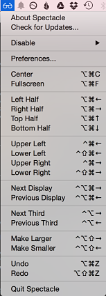 Spectacle menu showing options